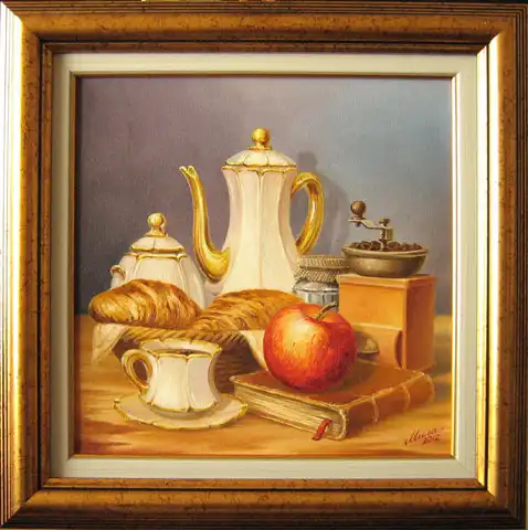 Still life - Breakfast with Coffee, Croissant and Apple