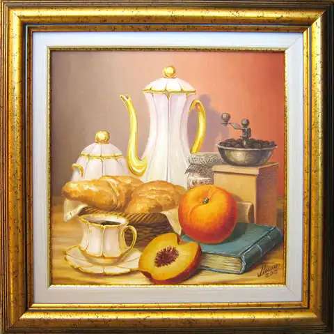 Still life - Breakfast with Coffee, Croissant and Peaches